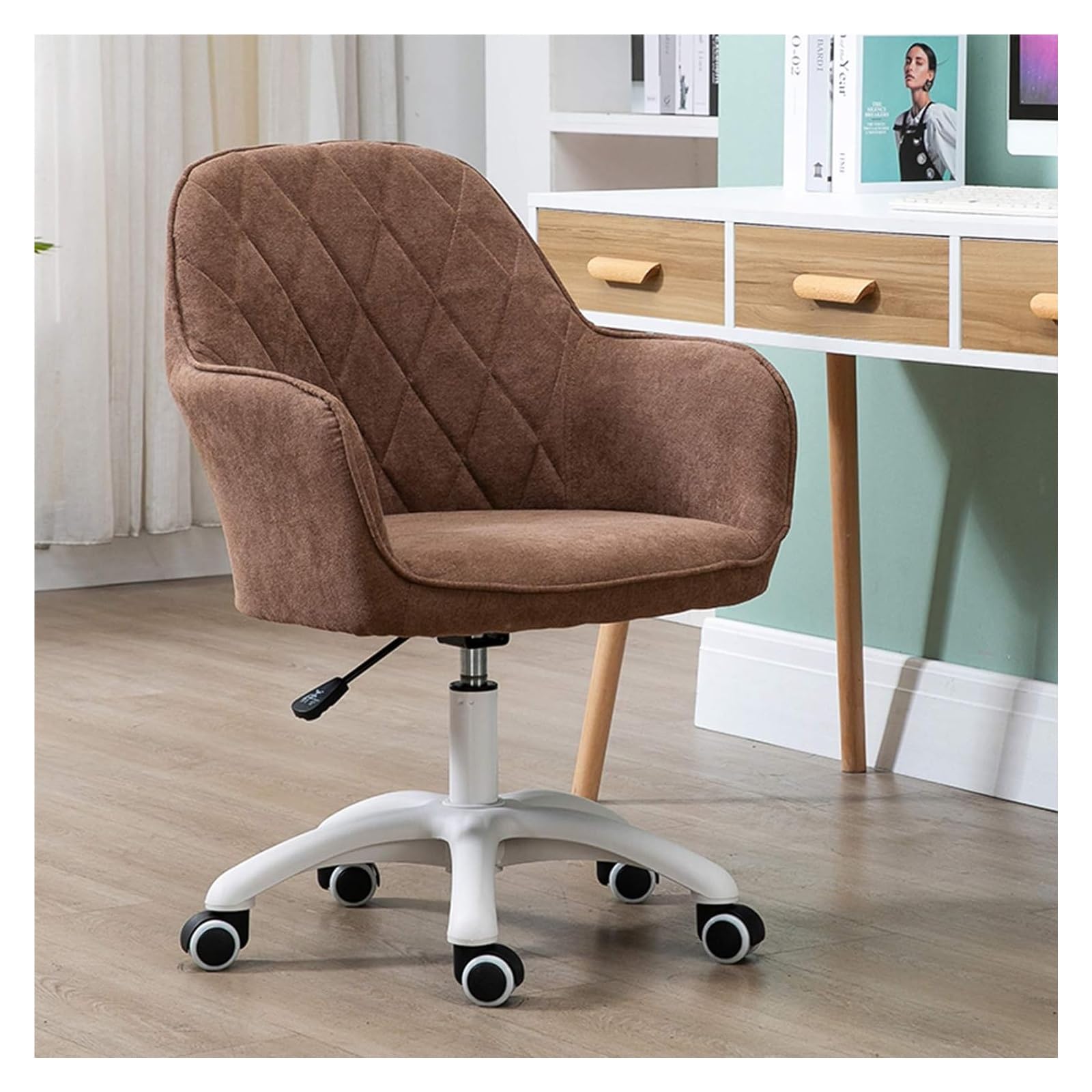 NZPOST Chair Swivel Desk Chair Computer Desk Chair - Ergonomic Mid Back Vanity Chair Lumbar Support with Wheels (Brown)