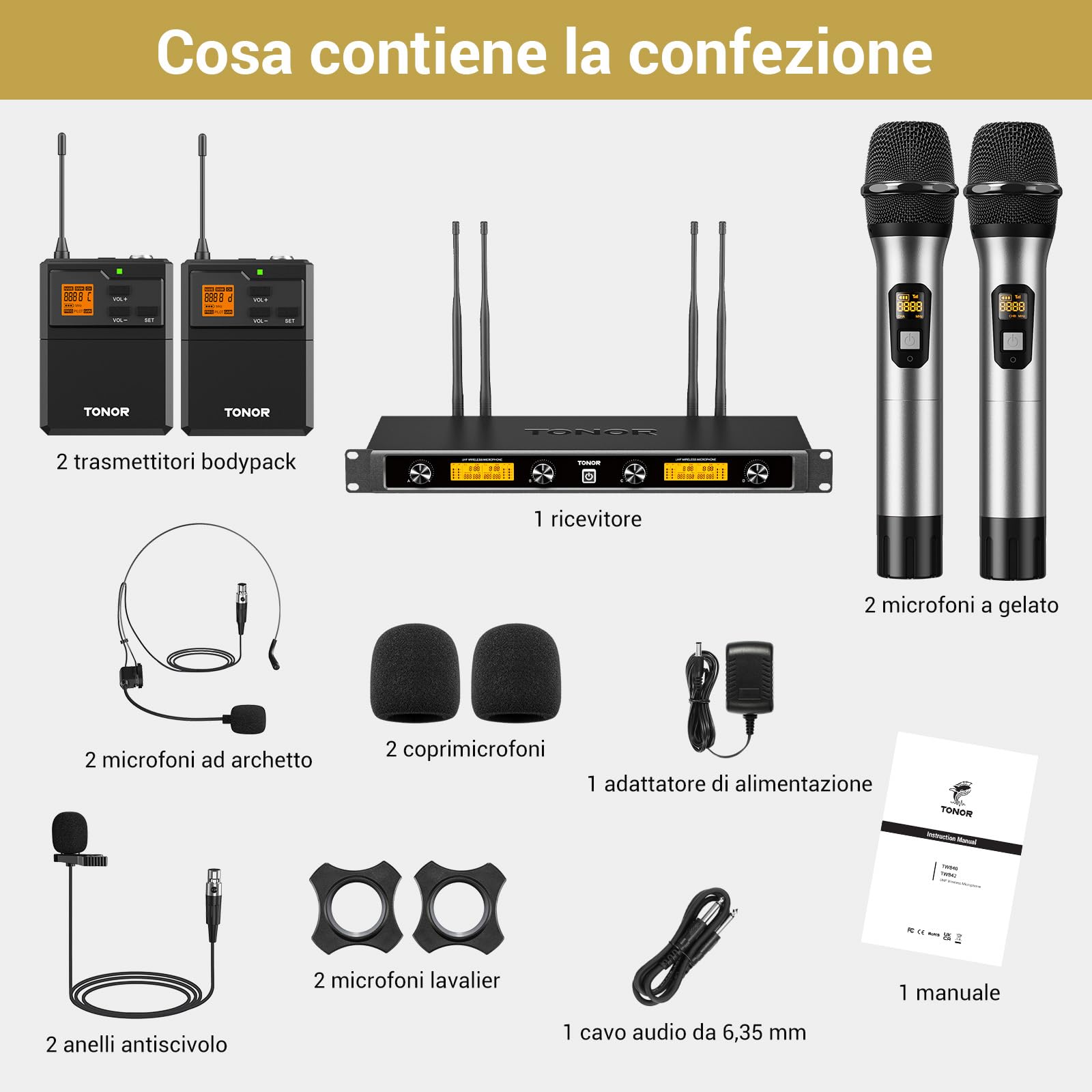 TONOR Sistema microfonico wireless UHF, Microfono palmare/Microfono archetto/Lavalier Microphone, Trasmettitore Bodypack, Ricevitore Metallo 4x5 frequenze, 90M per Chiesa Karaoke Canto, 4 canali