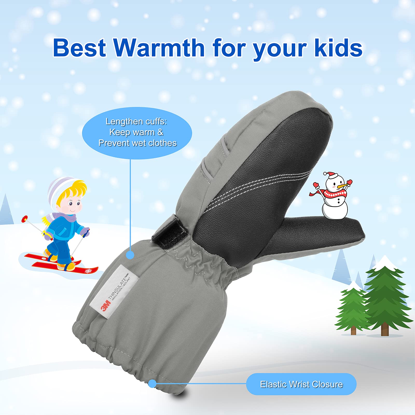 BQA Gants de Ski Enfant, Moufles de Ski Fille Garçon Chaud Étanches