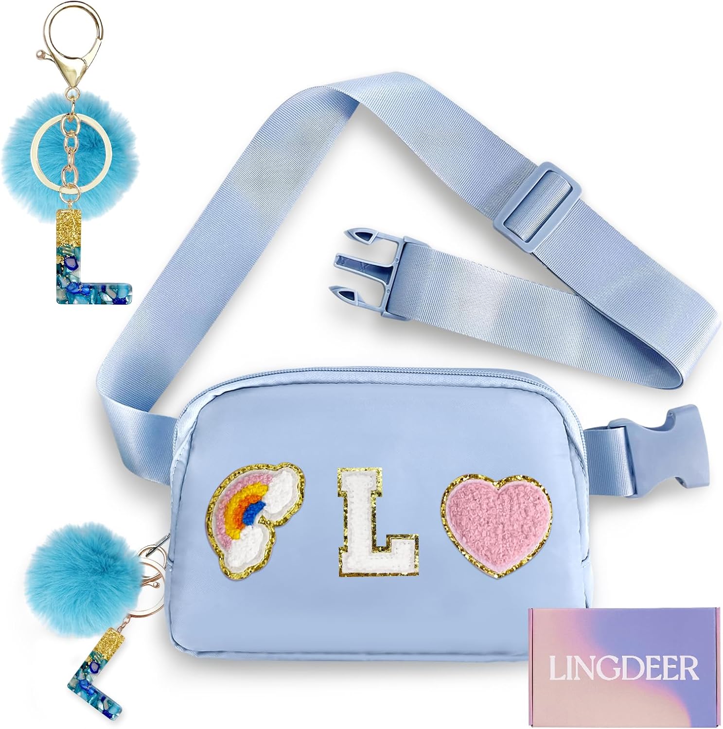 Personalized Belt Bag with Keychain, Fanny Pack for Girls Women, Initial Birthday Gifts for Teen Girls Mom, Crossbody Bag, Small Waist Packs, Travel Essential Preppy Gifts (Blue L)