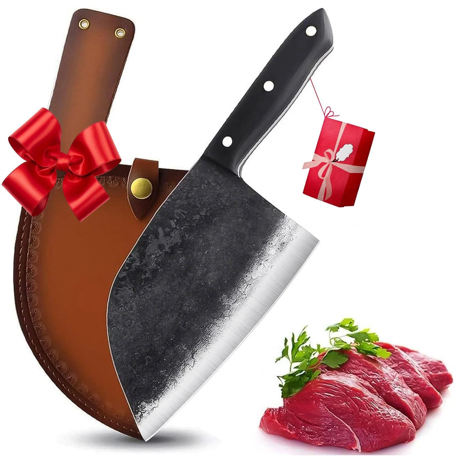 Dream Reach Forging Serbian Chef Knife Kitchen Chef Knives Full Tang High Carbon Clad Steel Almasi Butcher Cleaver with Leather Sheath (B-Almasi Knife)