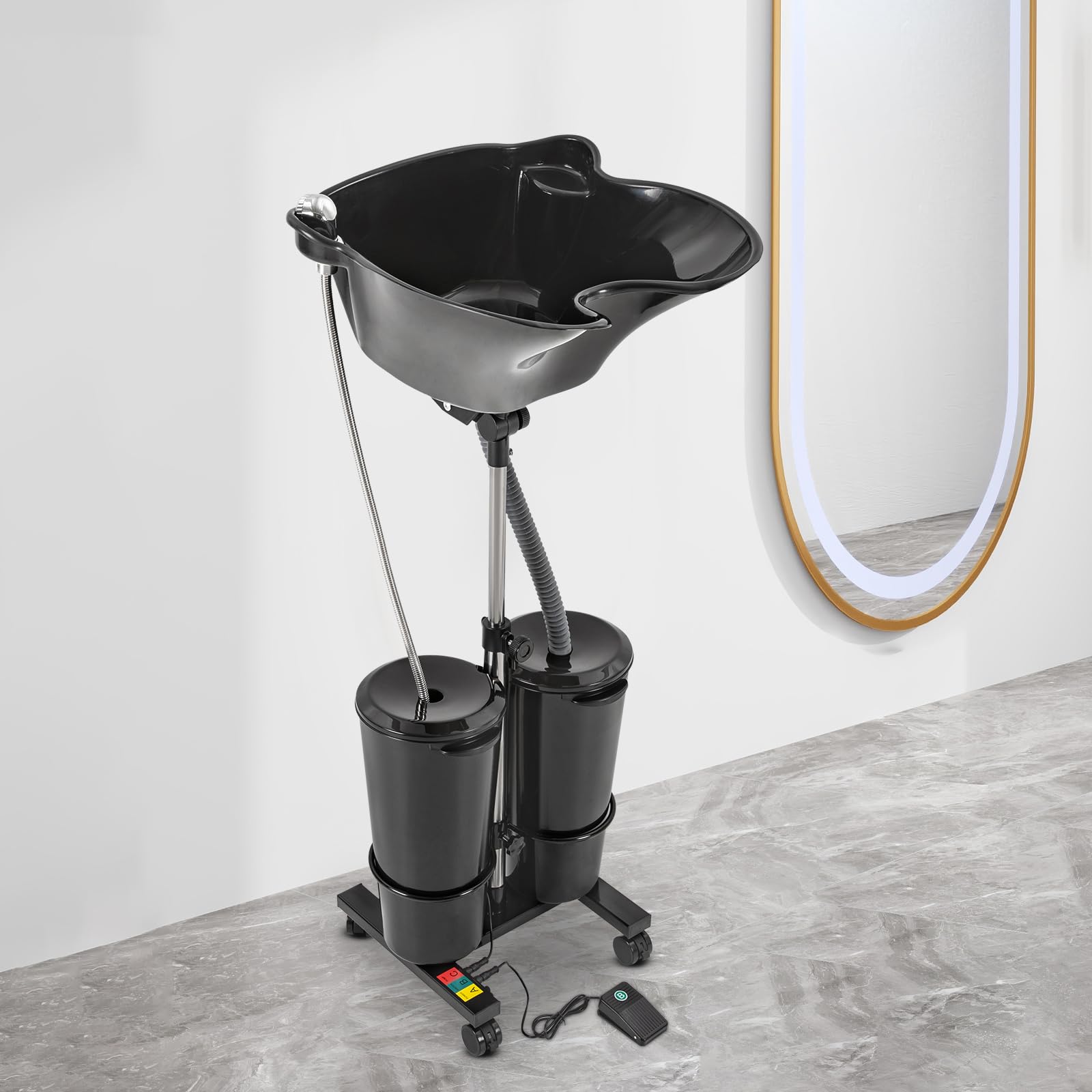 Mobiles Friseur Waschbecken mit 2 Wassereimern, Höhenverstellbar Haarwaschbecken mit elektrischer Pumpe und Abflussrohr, Tragbares Shampoo-Becken für Schönheitssalon, Spa, Friseursalon