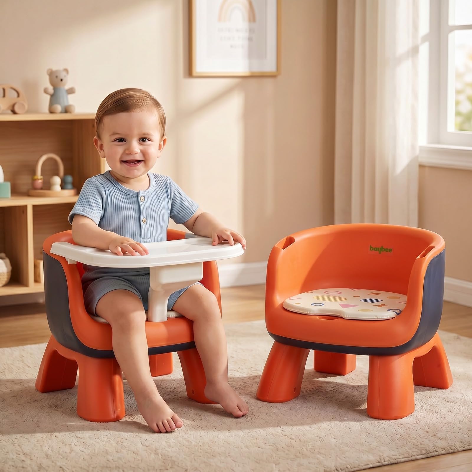 Baybee Luna Baby Feeding Chair for Babies | Portable Kids Sitting Chair with 4 Level Height Adjustable, Safety Belt & Feeding Tray, Booster Seat for Baby, Infant Feeding Chairs 6 months to 3 years (Dark Blue) (Orange)-image-1