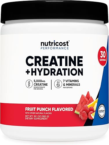 Nutricost Monohidrato de creatina + hidratación sabor a ponche de frutas (30 porciones) 7 vitaminas y minerales, 5000 mg de creatina por porción