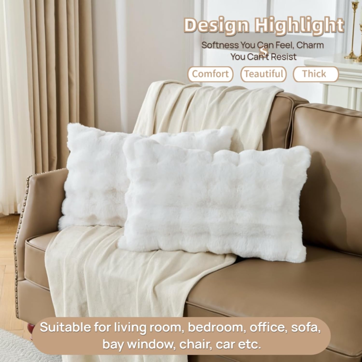 Beige Print Faux Fur Fluffy Pillowcases,Plush Shaggy Soft Pillow Cover, Fuzzy Decorative Cushion Pillow Cases, Furry Pillow Shams for Bed Sofa Bedroom,Set of 2-20x26 Inch