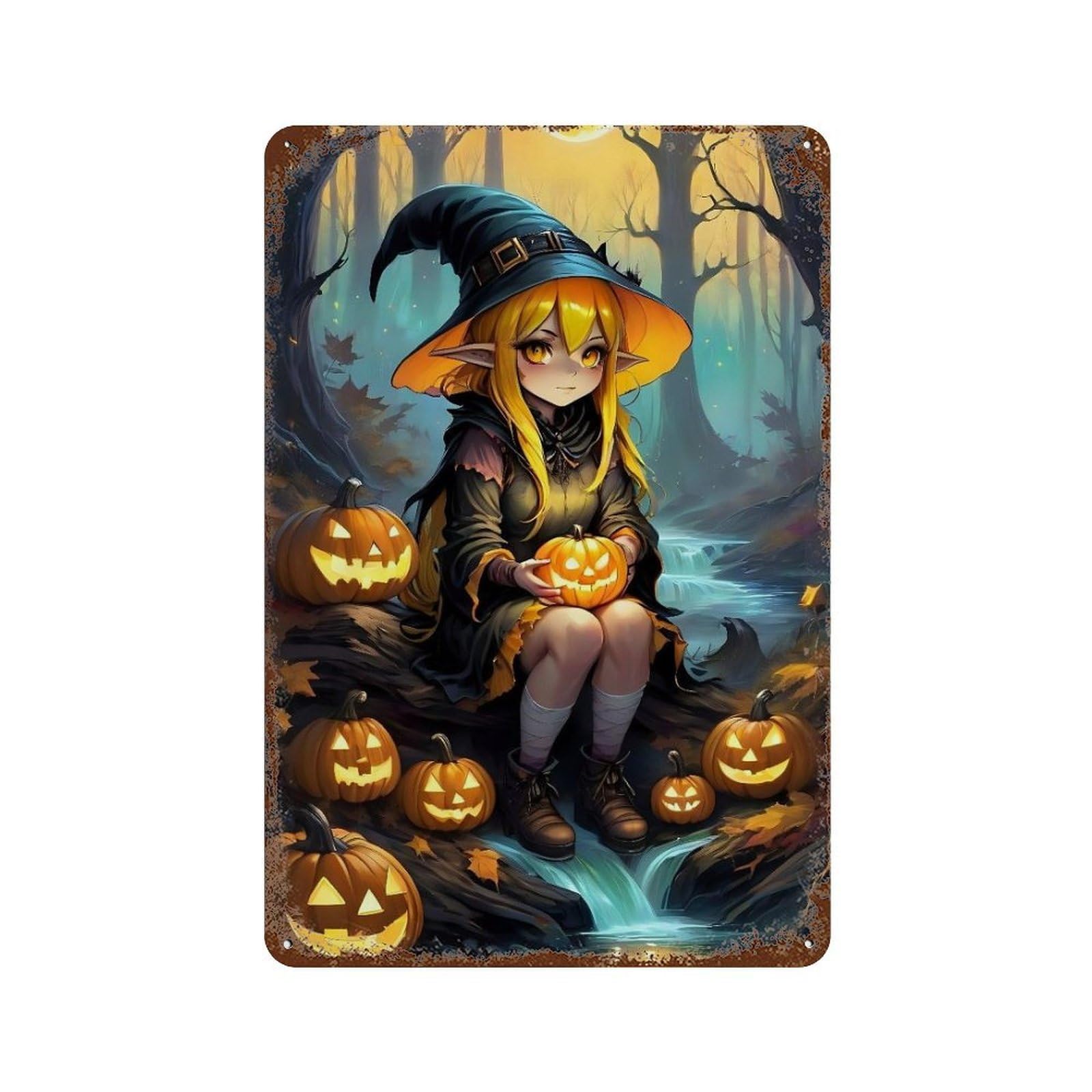 Halloween Witch with Pumpkins Rustic Tin Plaque 11.8"x7.9", Rustic Home Decor for Office, Studio And Wall Decor