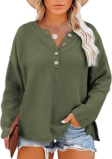 Womens Plus Size Sweaters Casual Long Sleeve Loose V Neck Button Henley Tops Pullover Knit Jumpers,1X-5X