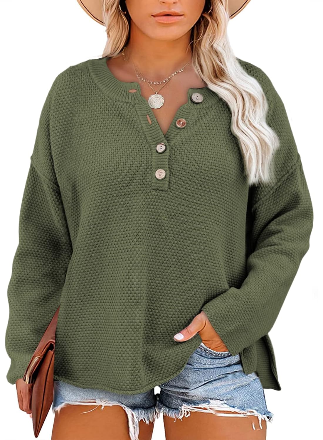 Eytino Womens Plus Size Sweaters Casual Long Sleeve Loose V Neck Button Henley Tops Pullover Knit Jumpers 1X-5X