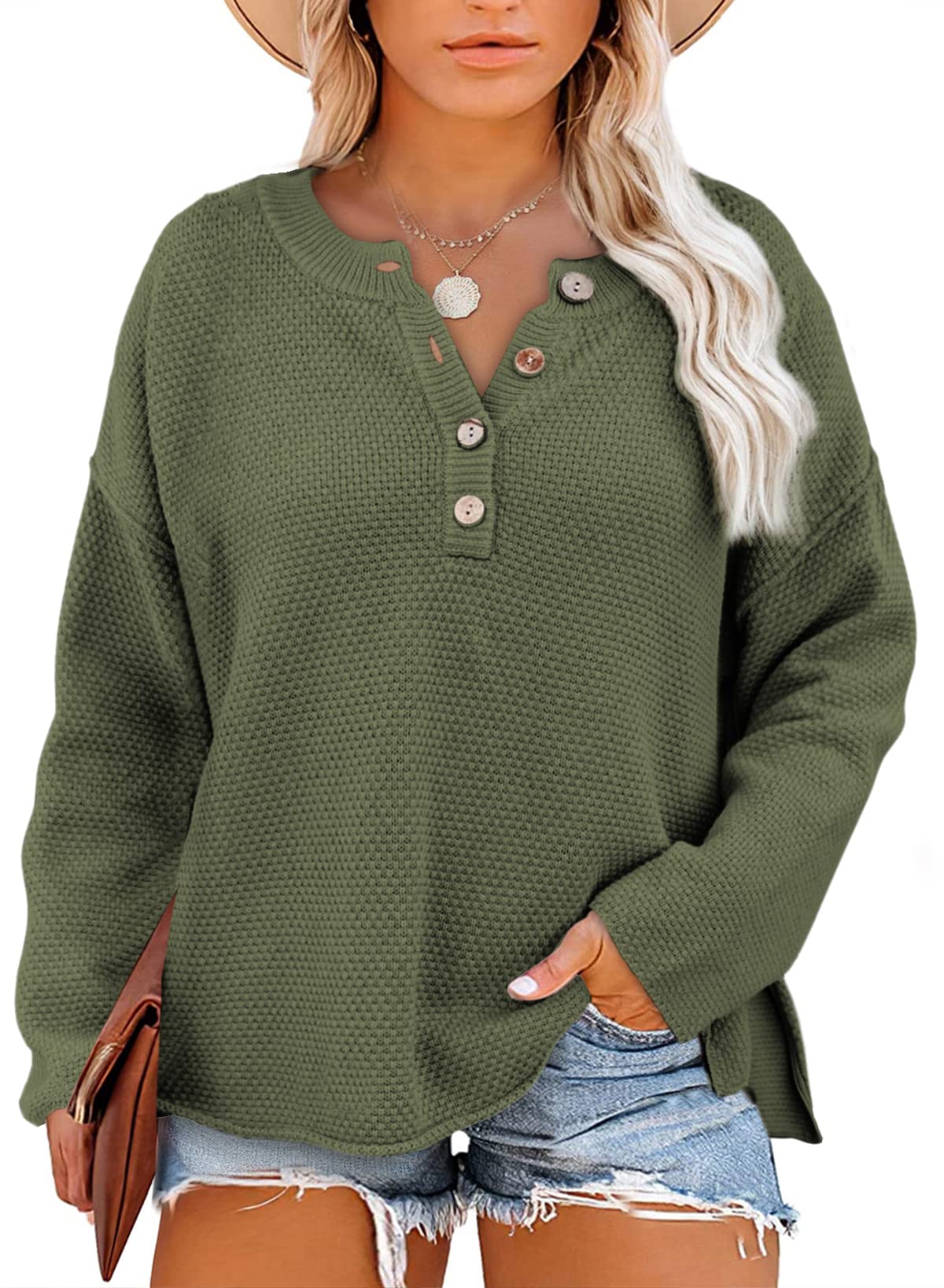 Eytino Womens Plus Size Sweaters Casual Long Sleeve Loose V Neck Button Henley Tops Pullover Knit Jumpers 1X-5X