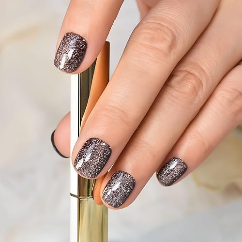 Miniatura 3 de 24 uñas postizas brillantes de color marrón oscuro brillante con purpurina a presión, medianas, cortas, squoval, para mujeres y niñas, ojo de gato,