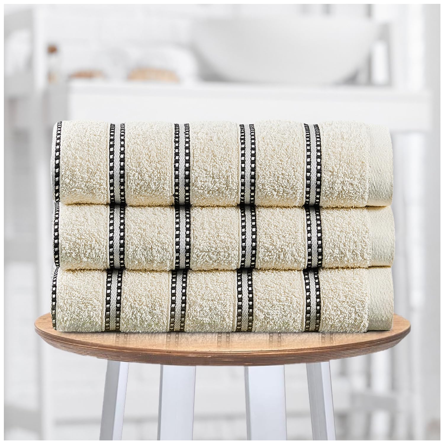 GC GAVENO CAVAILIA Striped Bath Sheets Extra Large 3Pack | 600GSM Towels Bath Sheets Quick Dry & Water Absorbent Towels Set | Lightweight Hotel Quality Thick Cotton Towel Bath Sheet 90x150 Cm, Bone