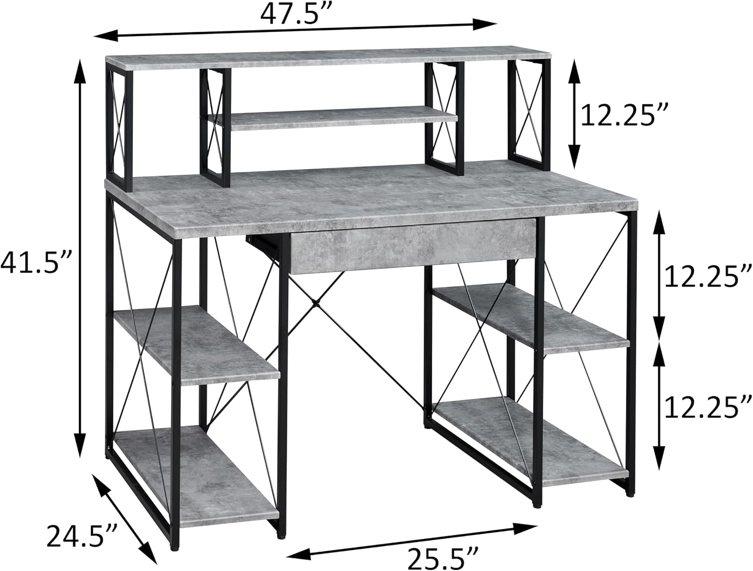 Kaimei Grey and Black Recording Studio Desk with Drawer and Open Shelves