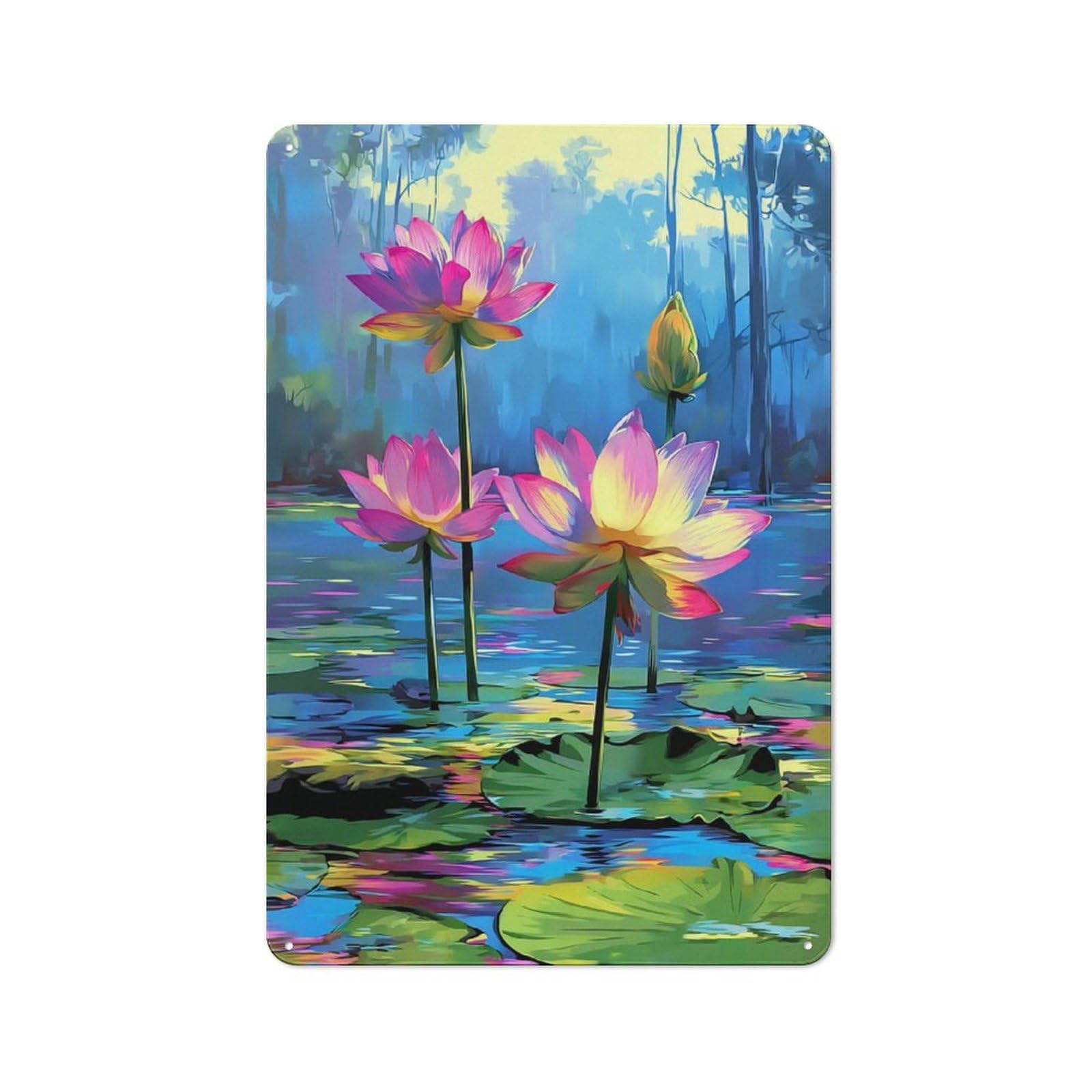 Junmoney Luminous Lotus Pond -1 Printed Metal Sign 30X20cm For Home Office Or Studio, For Winter Room Styling In Home Office And Studio