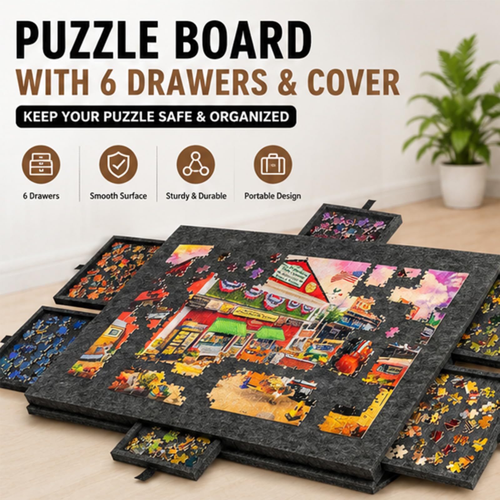 Tablero de rompecabezas, soporte plegable ajustable, tapete portátil con cubierta y 6 cajones, tablero de rompecabezas con 4 bandejas de clasificación plegables para hasta 1000 piezas (gris oscuro)