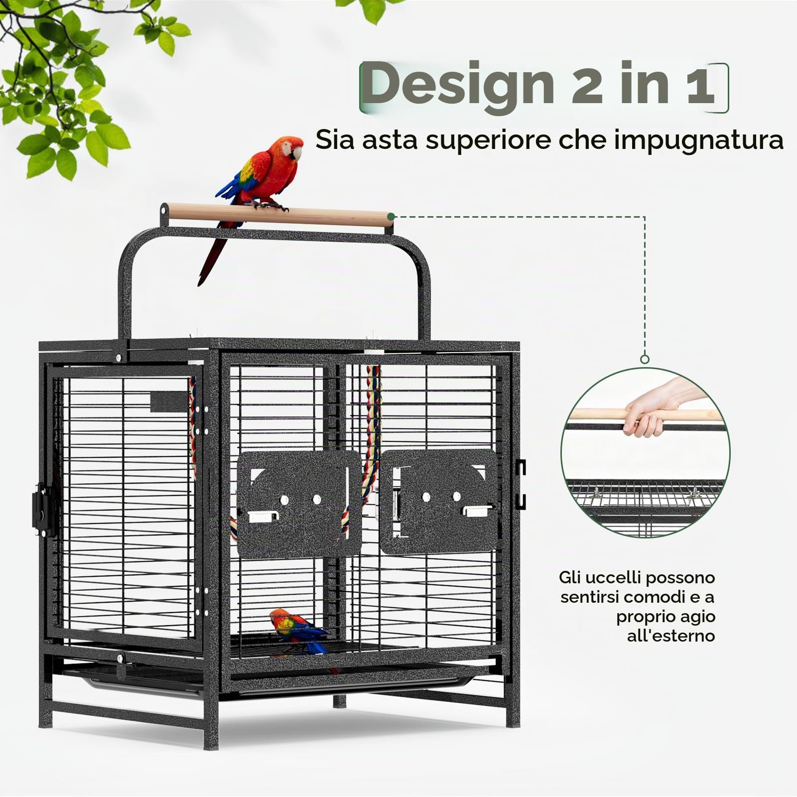LEADZM Gabbia per uccelli per pappagalli, portatile, con manico in legno, robusta gabbia in ferro con vasca rimovibile, 65 x 48 x 37 cm