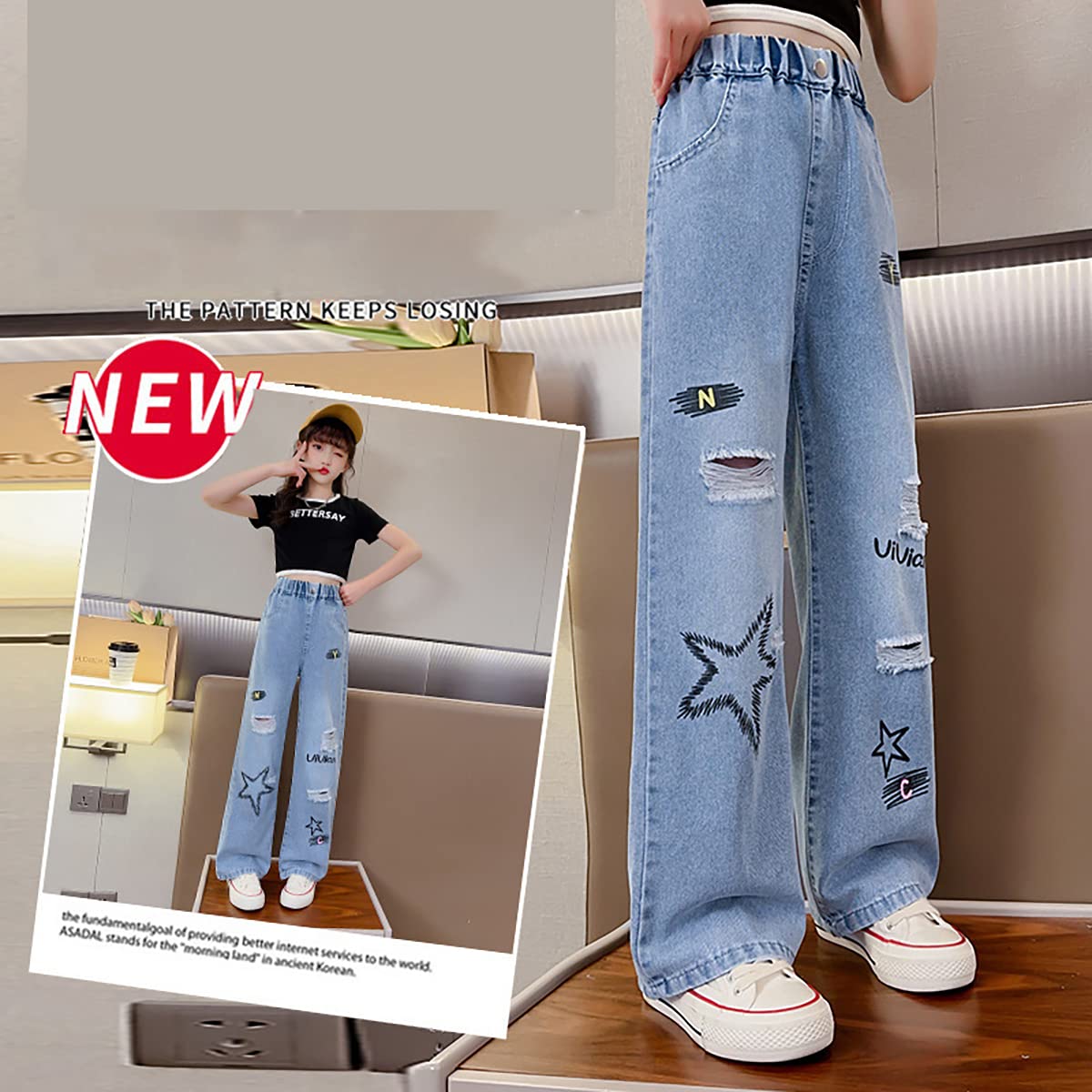 Jeans rasgados para niñas y niñas, cintura elástica, pierna ancha, holgados, talla 5-14 años