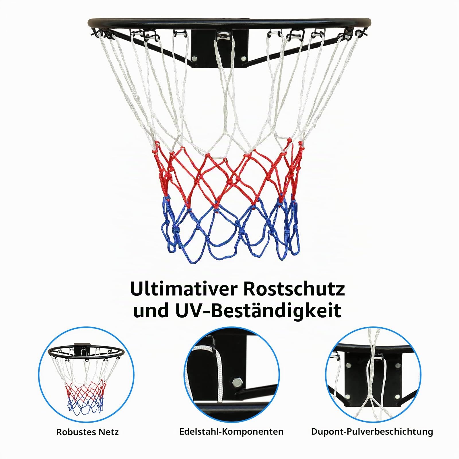 Profi-Basketballring (45 cm), Basketballnetz und Wandbefestigungen, geeignet für Erwachsene und Kinder, für drinnen und draußen, Schwarz