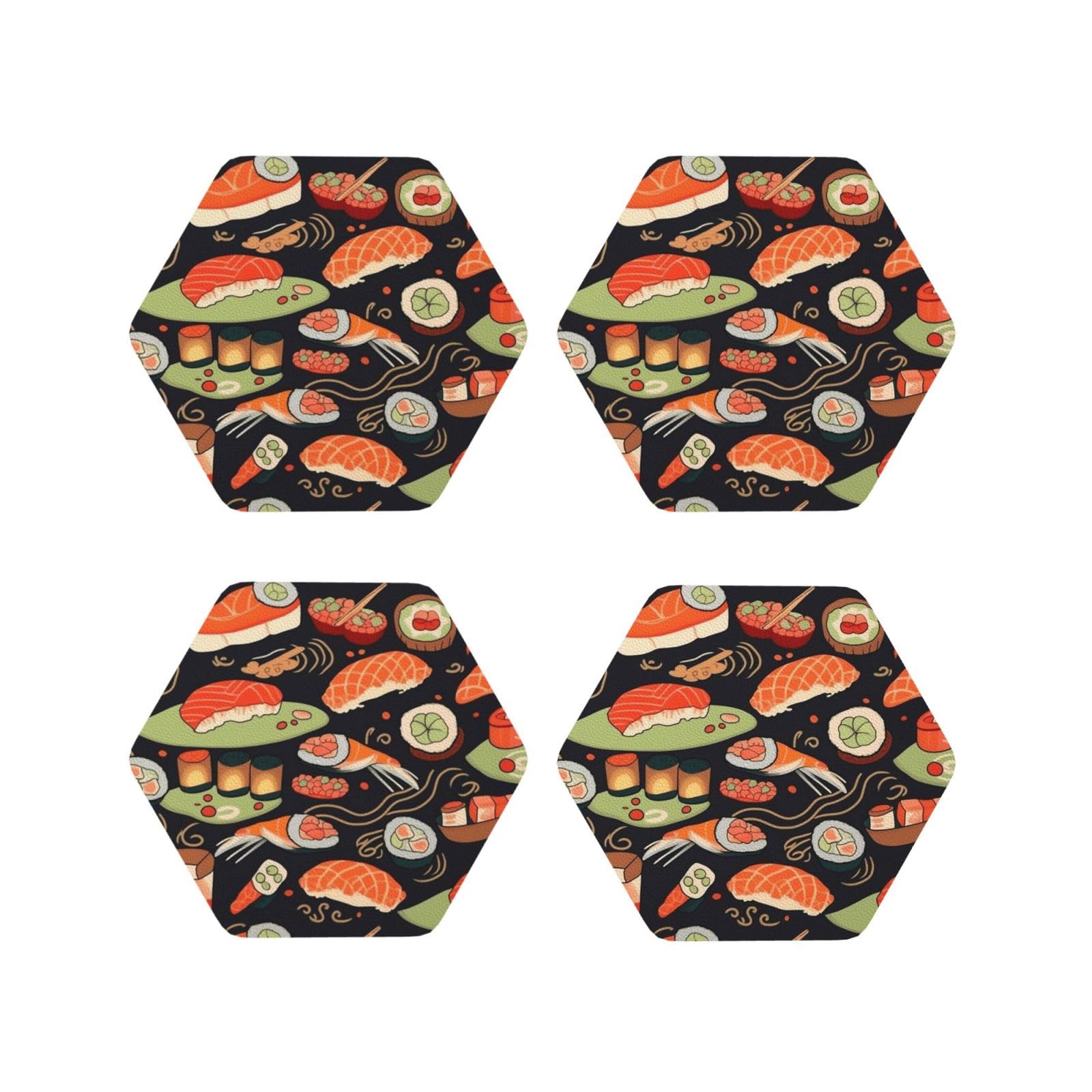 4Pcs PU Leather Coaster for Drinks, Japanese Sushi Shrimp Cup Coastersr 4" Cup Mat Pad, Aesthetic Drink Coasters for Coffee Table, Hexagon Coaster for Tabletop Protection