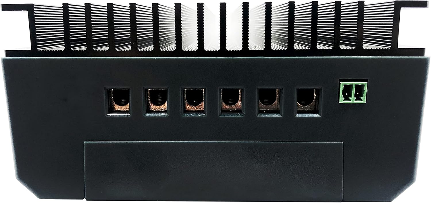 Rear view of the Y&H MPPT Solar Charge Controller showing the terminal connections and heatsink.