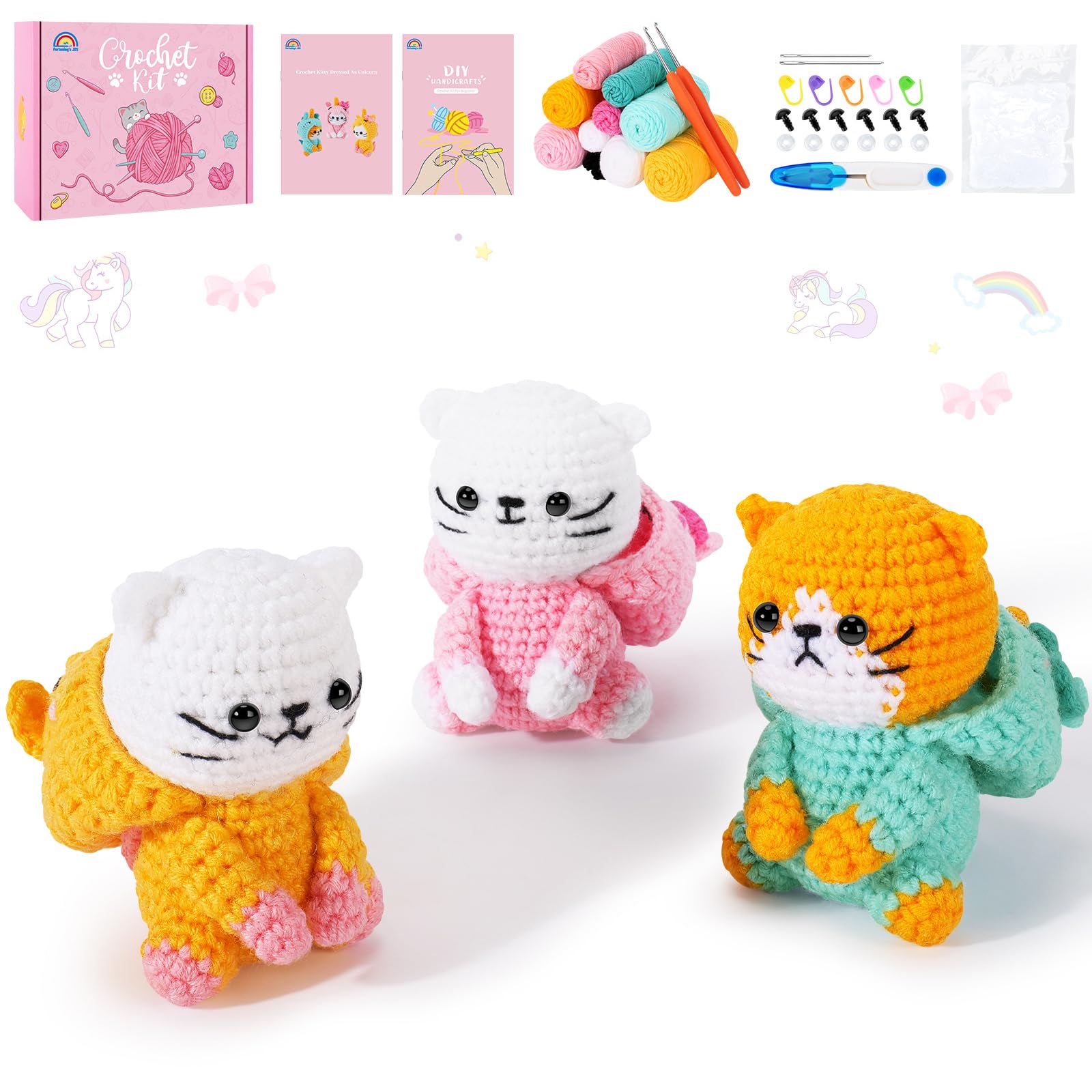 Cat Crochet Kit For Beginners with Video,Unicorn Cat Crochet Kit Cosplay Animal Knitting Kit Crocheted Animal Kits Complete Kitten Crochet Starter Animals Cosplay Set Beginners Crocheted Cats Kit