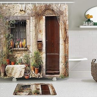 GOCHAN Set di 2 tende da doccia con tappeti antiscivolo,Persiane piante in vaso di fiori nel cortile francese villaggio sulla collina di Saint-Paul De Vence Heritage,Tappetino da bagno antiscivolo