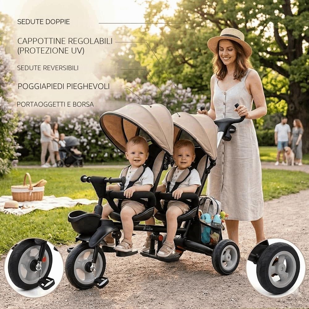 QPLAY Triciclo Evolutivo Bambino per Due | Triciclo per Gemelli o Fratelli | 10 Mesi a 36 Mesi