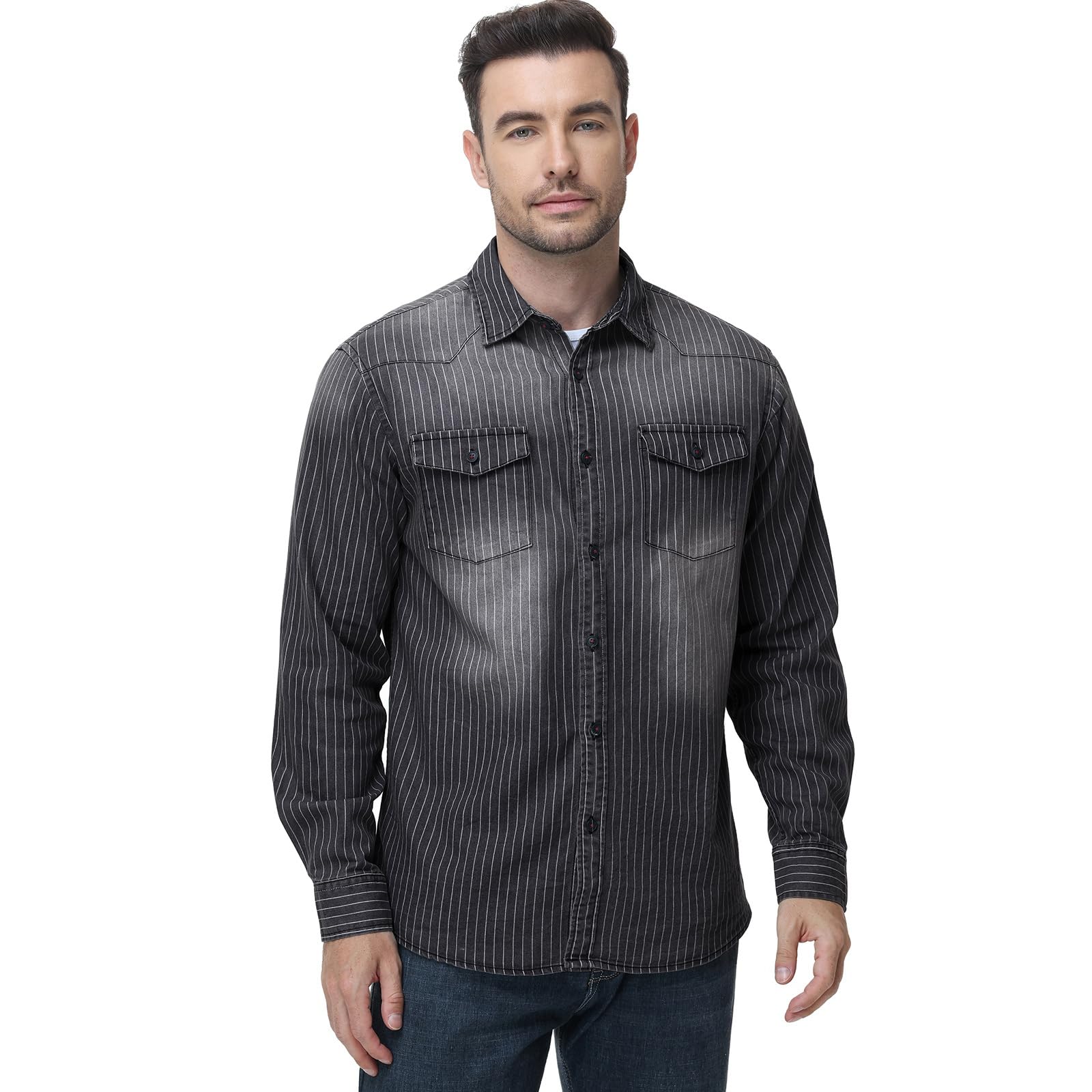HOTIAN - Camisa vaquera de manga larga para hombre, camisa de ocio, camisa de negocios, corte entallado