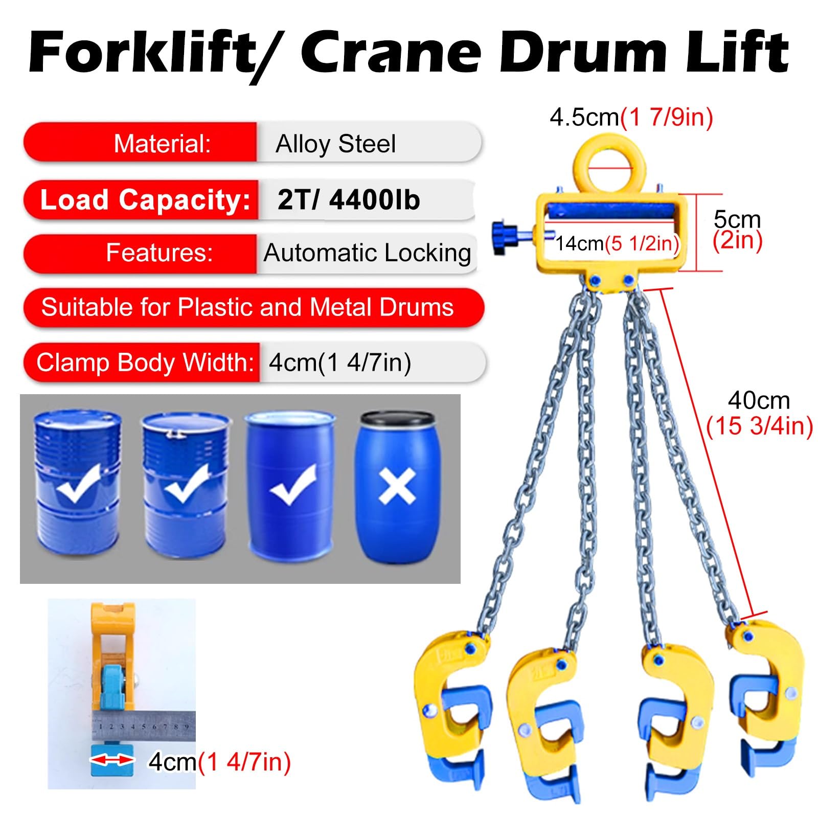 Steel Drum Grabber, Crane Forklift Drum Lifter with Carbon Steel Lifting Chain & Widen Hook, Metal/Plastic Barrel Clamp Lift for Garage Workshop(4 Chains - Load 2t)
