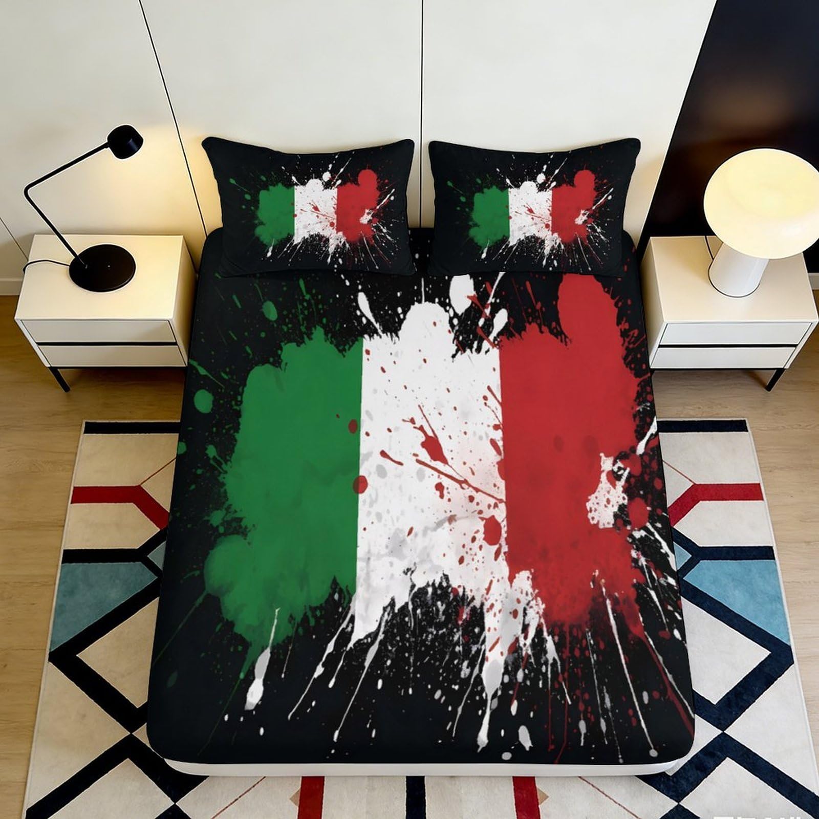 3D Printed Italian Flag Fitted Sheet Microfiber Soft Durable 3D Printed Splash Design Mattress Cover for Bedroom Dormitory Guest Room Protection 180x200x25cm