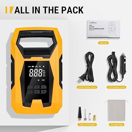 Miniatura 8 de CARSUN - Inflador de neumáticos CACC, compresor portátil, alimentación dual phogar 110 V CA , auto 12 V CC, manómetro, apagado automático,