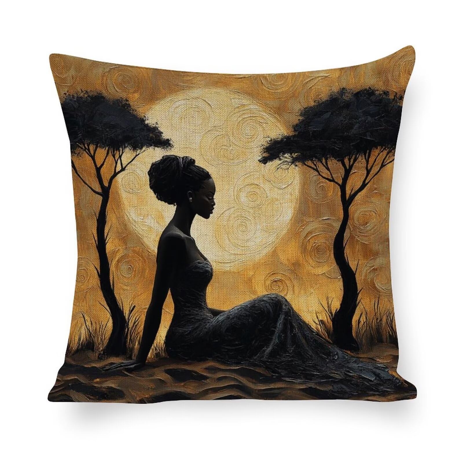Juego de 4 Fundas de Cojín Lino 70x70 Centímetros - Diseño Mujer Africana con Cremallera, Lavable a Máquina & Anti-Arrugas - Fundas Sofá Cama Cuadradas para Salón Dormitorio Decoración Hogar Q3254