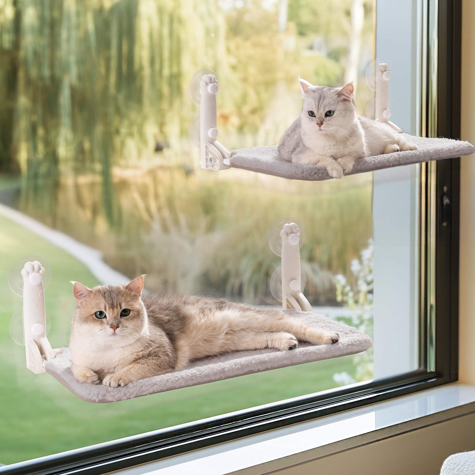 MEWOOFUN Weiche Katzen fensterhängematte – 54x30cm faltbares Katzen fensterbett mit wendbarer Matte, stabile Katzenhängematte hält bis zu 18kg (2pack-grau, M)