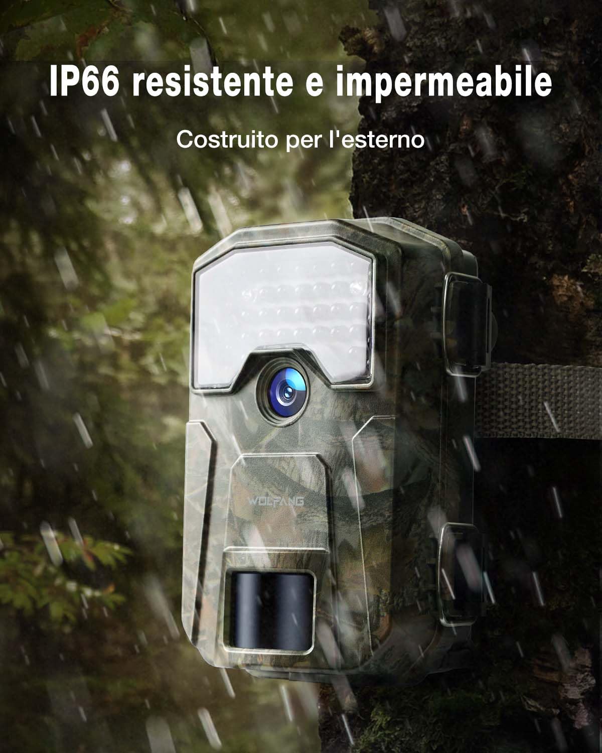 WOLFANG Fototrappola 4K 48MP HD, Fotocamera Caccia con 38 LED a Infrarossi Invisibili 940nm, Infrarossi Rilevatore di Movimento Visione Notturna IP66 Impermeabile per la l'osservazione la Fauna