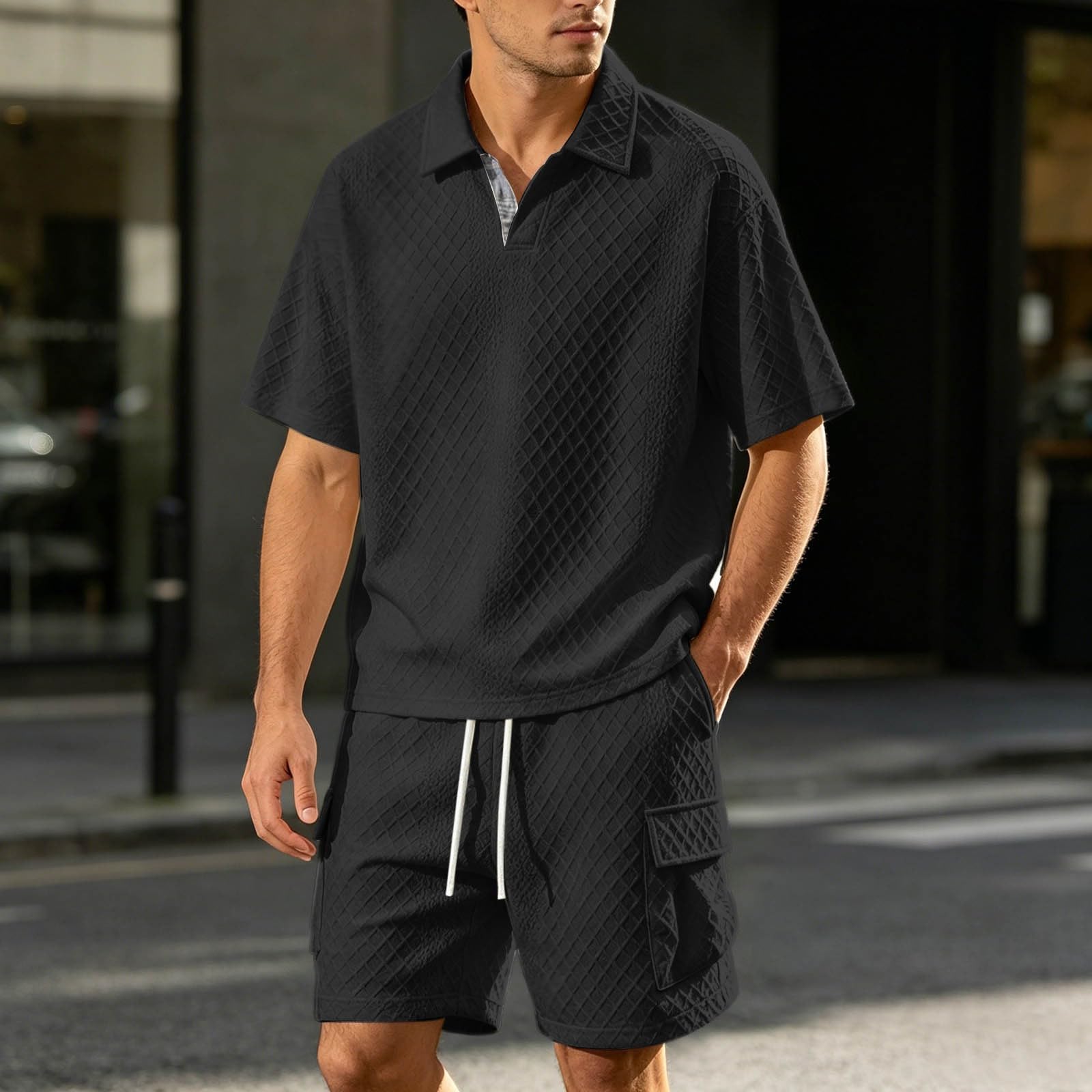 Tuta da uomo con jacquard, 2 pezzi, estiva, pantaloncini e polo, a maniche corte, tuta da jogging, tinta unita, traspirante, per il tempo libero