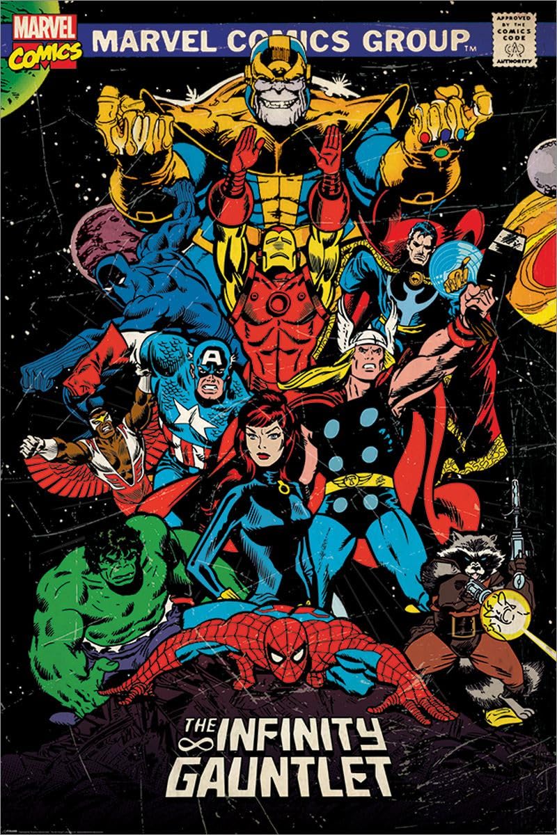 Grindstore Multicolour Marvel Laminated Retro The Infinity Gauntlet Maxi Poster Large Wall Art Print, Wall Decor, Home Office Classroom Decoration, Gift Idea, Decorative Print 91.5X61cm