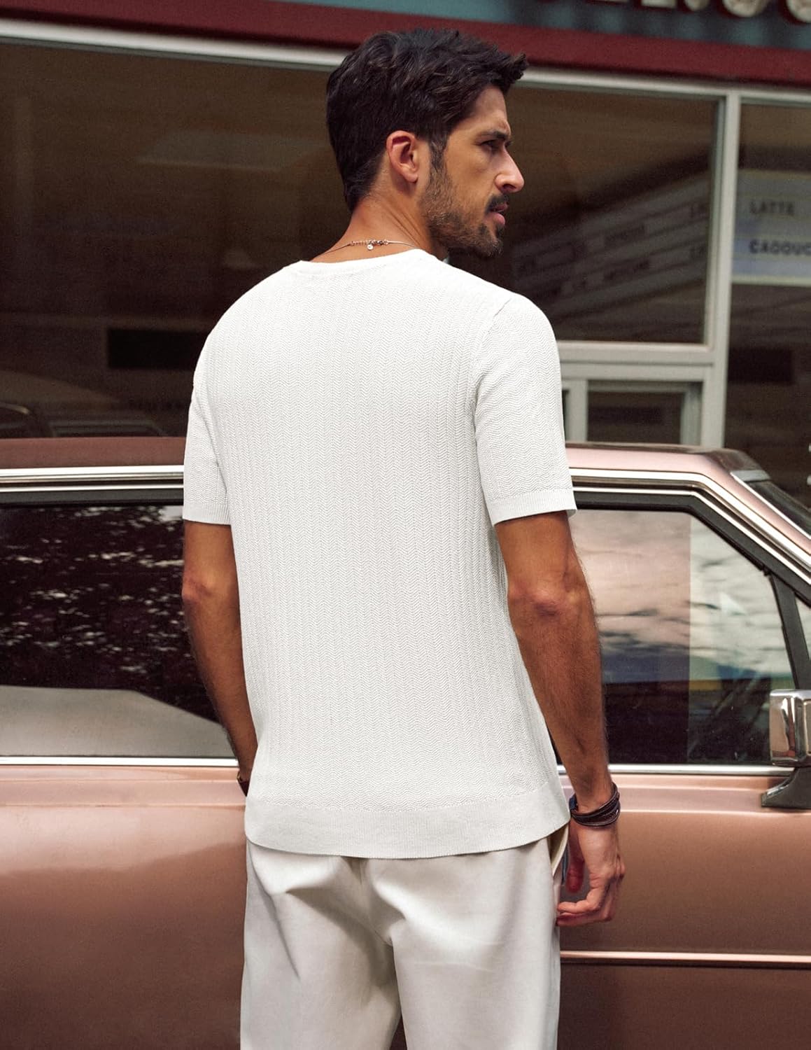 PJ PAUL JONES Mens T Shirts V Neck Short Sleeve Textured Herringbone Modern Fit Knit Shirts - Image 4