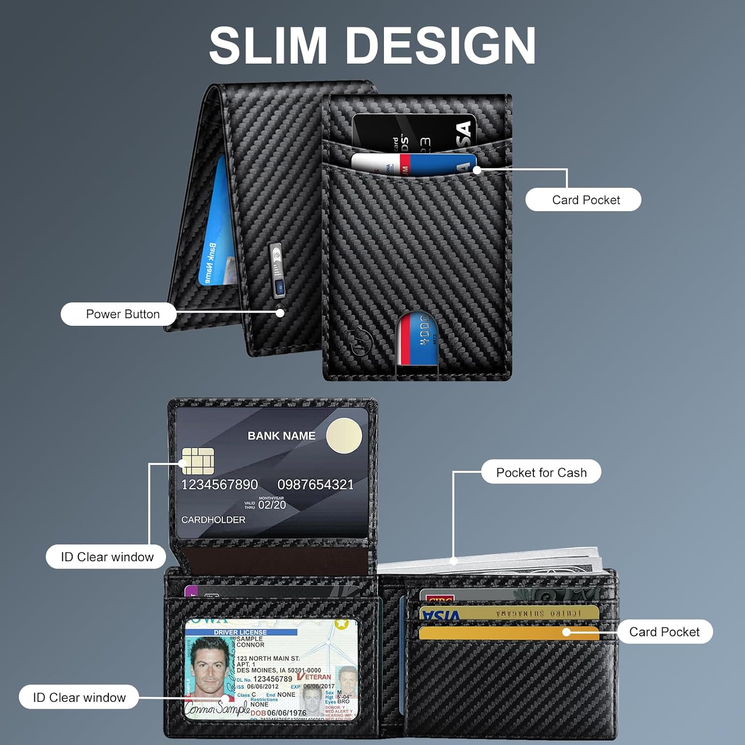 Mens Wallet with Tracker, Rechargeable Wallet Finder, Works with Apple Find My or Bseek, Thin Design, Smart Item Locator (iOS or Android(Carbon Black & Black, Android)