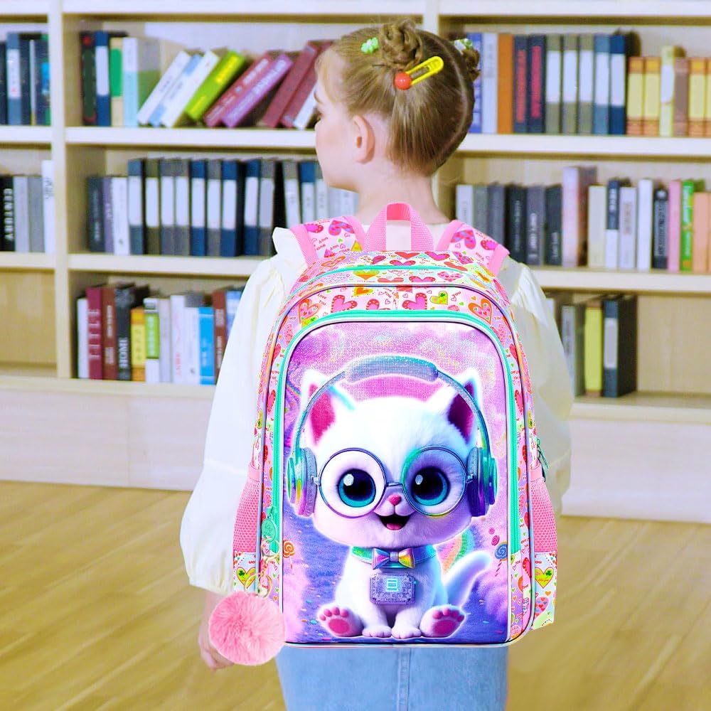 AGSDON 3PCS Backpack for Girls, 16" Little Kids Cat Preschool Bookbag, Elementary Backpacks and Lunch Box - Purple