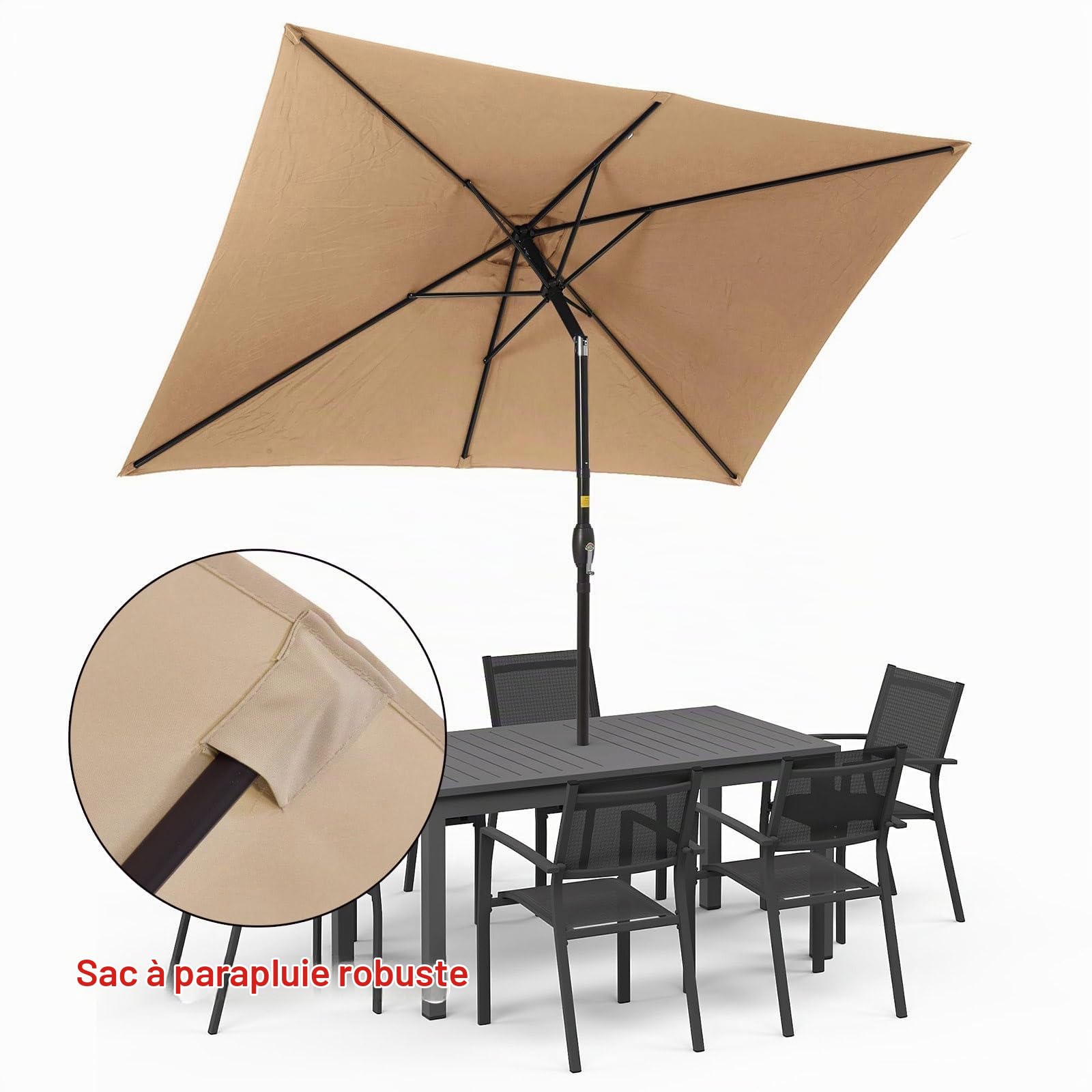 WORDFUN 2x3m Auvent De Rechange, 6 Baleines Toile De Rechange De Parasol Rectangulaire, Bâche De Remplacement pour Parasol Déporté, Dessus De Parapluie De Remplacement, Imperméable, AntiUV(Beige)