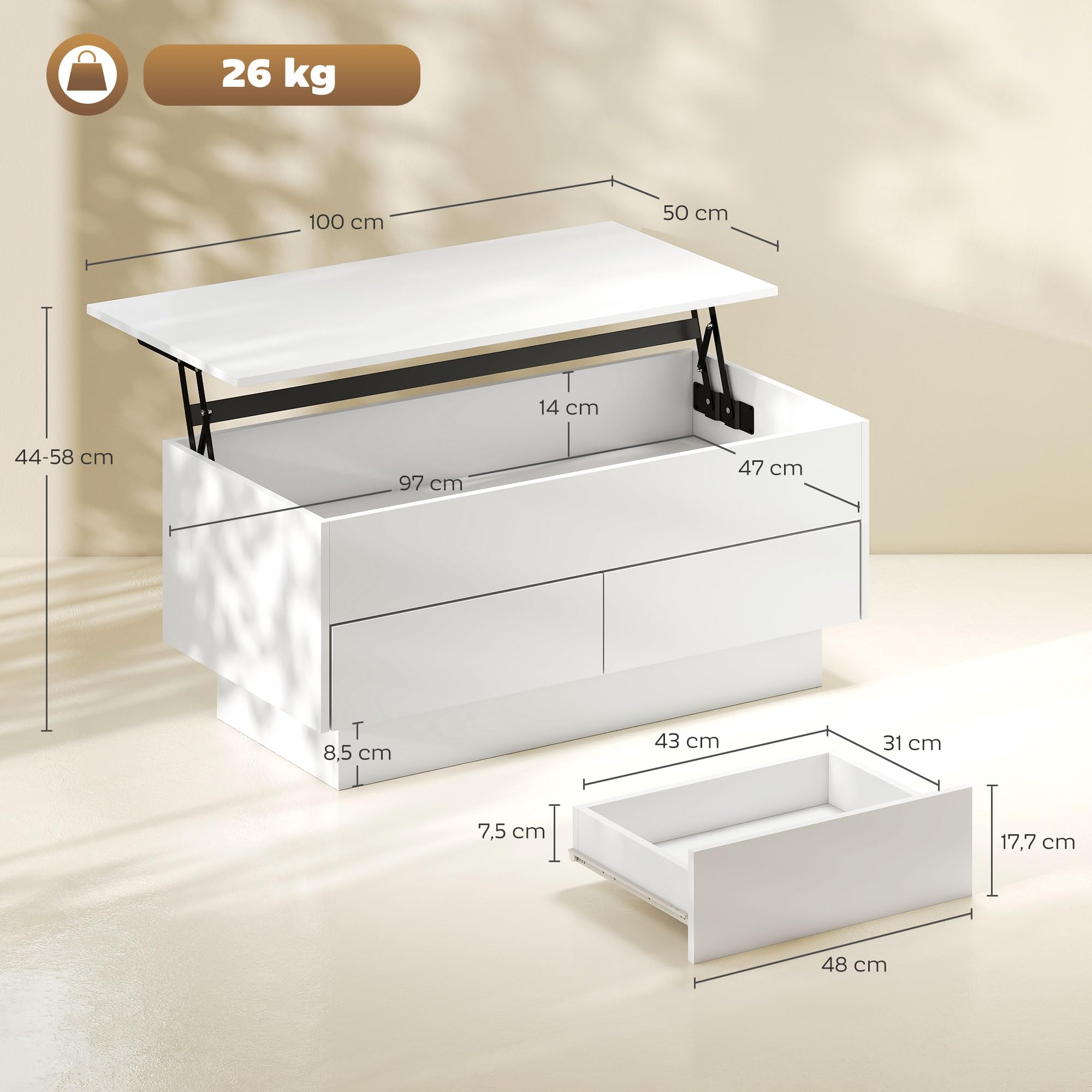 HOMCOM - Mesa baja elevable moderna con compartimento oculto y 2 cajones, mesa de salón para oficina y salón, 100 x 50 x 44 cm, color blanco