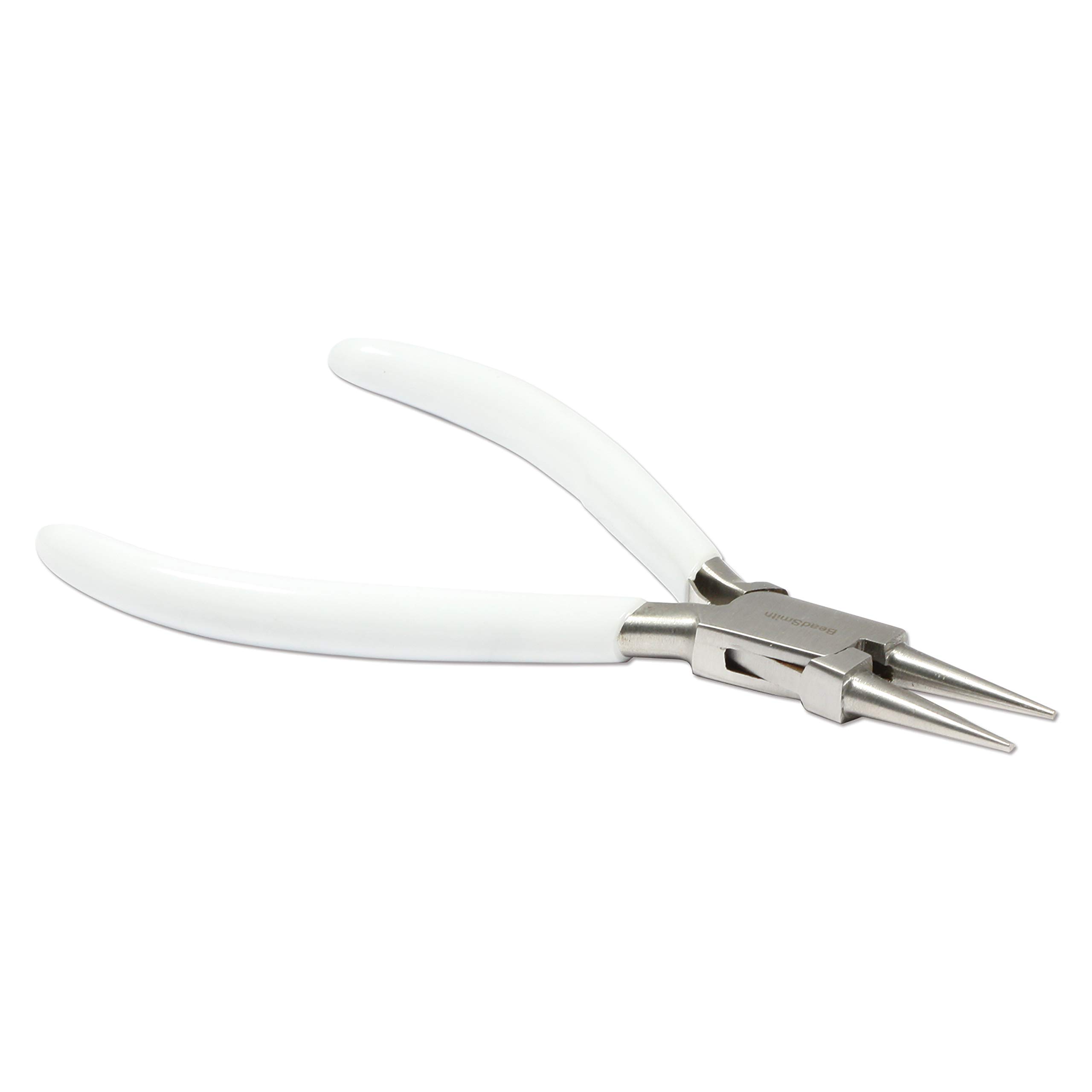 The Beadsmith - Pinza a becco rotondo da 130 mm, con testa in acciaio lucido, impugnatura comoda in PVC bianco e manico a molla a doppia foglia, strumento per la creazione di gioielli, serie 300