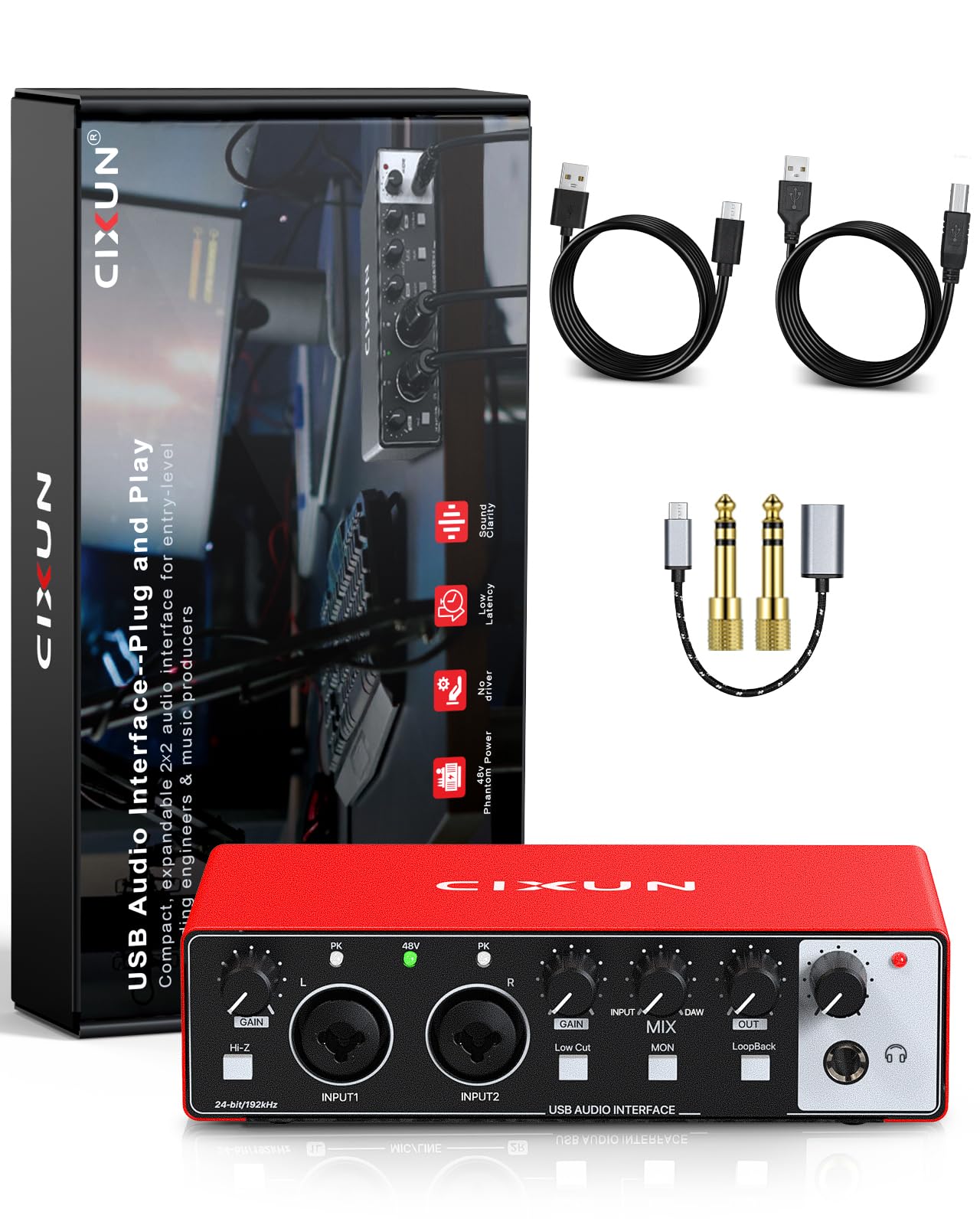 Carte Son Externe,2×2 Interface Audio USB-C pour PC,24 Bits/192 kHz, Doubles Entrées TS/XLR,Alimentation Fantôme +48 V,pour Studio/Podcast/Diffusion en Direct (Rouge)