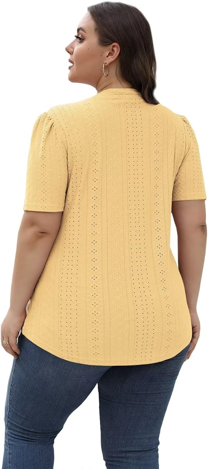 DOLNINE Womens-Plus-Size-Tops Casual Puff Short Sleeve Crewneck Eyelet Tunic Shirts XL-5XL - Image 3