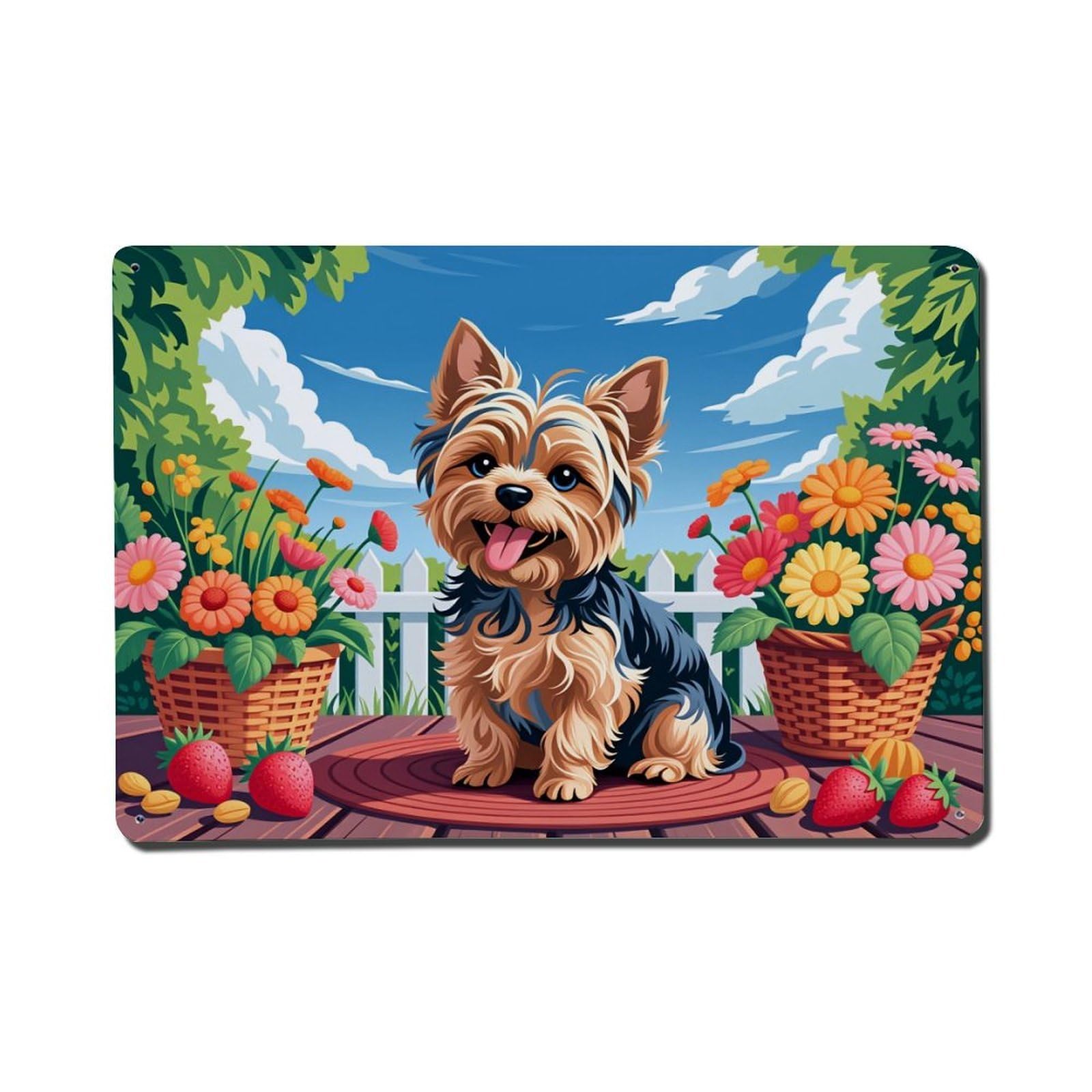 Cute Dog Garden Flowers Basket Metal Tin Sign Plaque