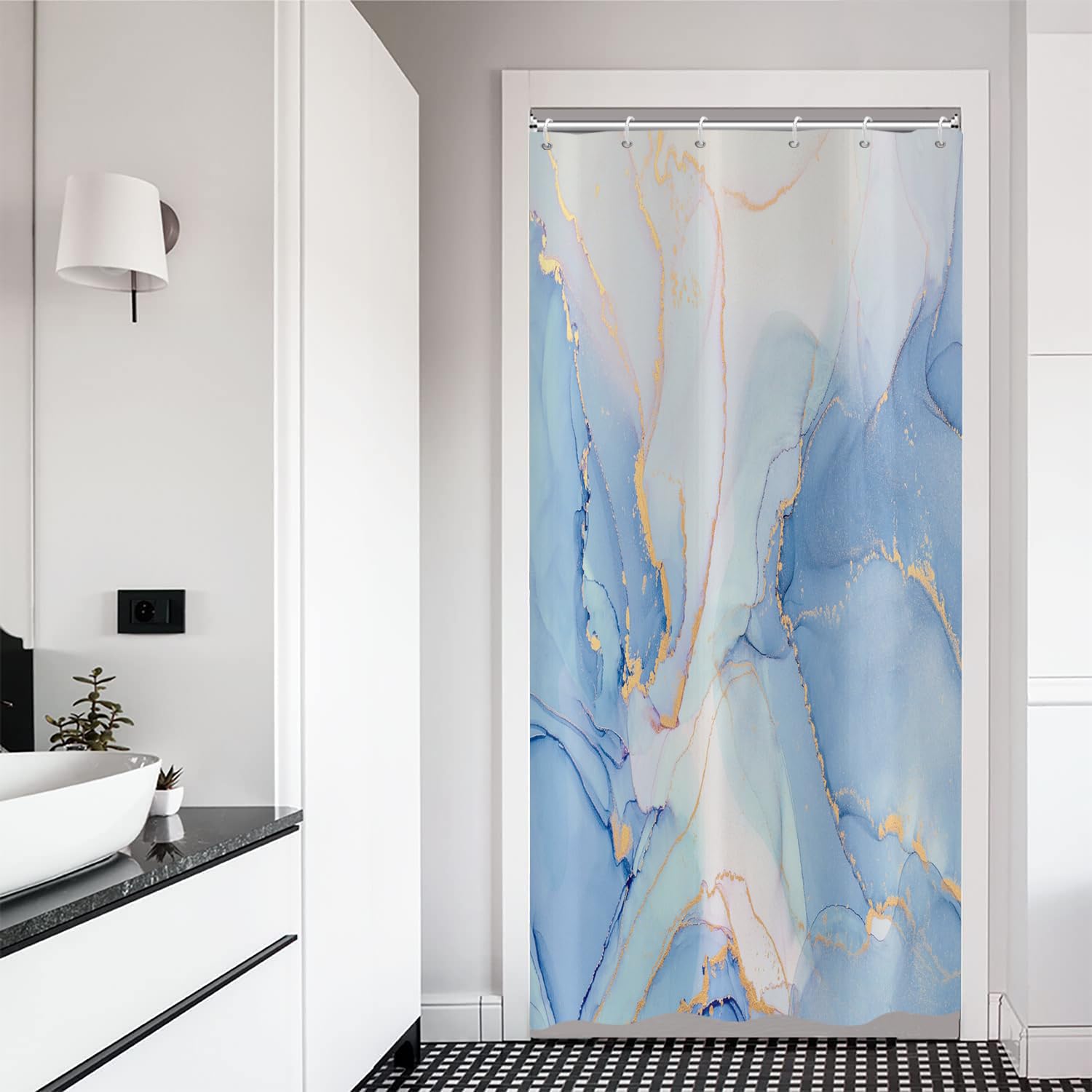 ASDCXZ Marble Shower Curtain 90x180 cm, Modern Abstract Blue White Gold Marble Optic Texture Washable Bath Shower Curtains Polyester Textile Waterproof Shower Curtain for Bathtub with 6 Hooks