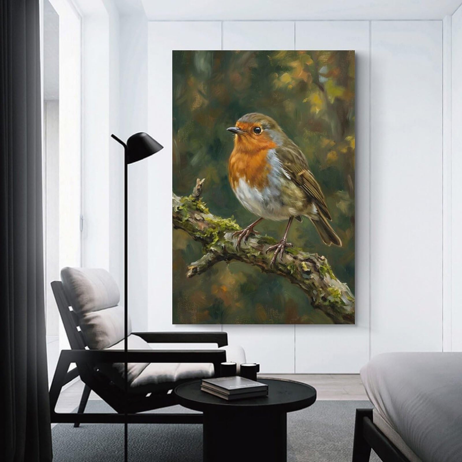 Junmoney Unframe-Style-20 Robin Perched On A Mossy Branch Canvas Wall Art, 20X30inch(50X75cm), For Living Room, Bedroom Or Apartment Walls, Decorative Artwork For Empty Walls