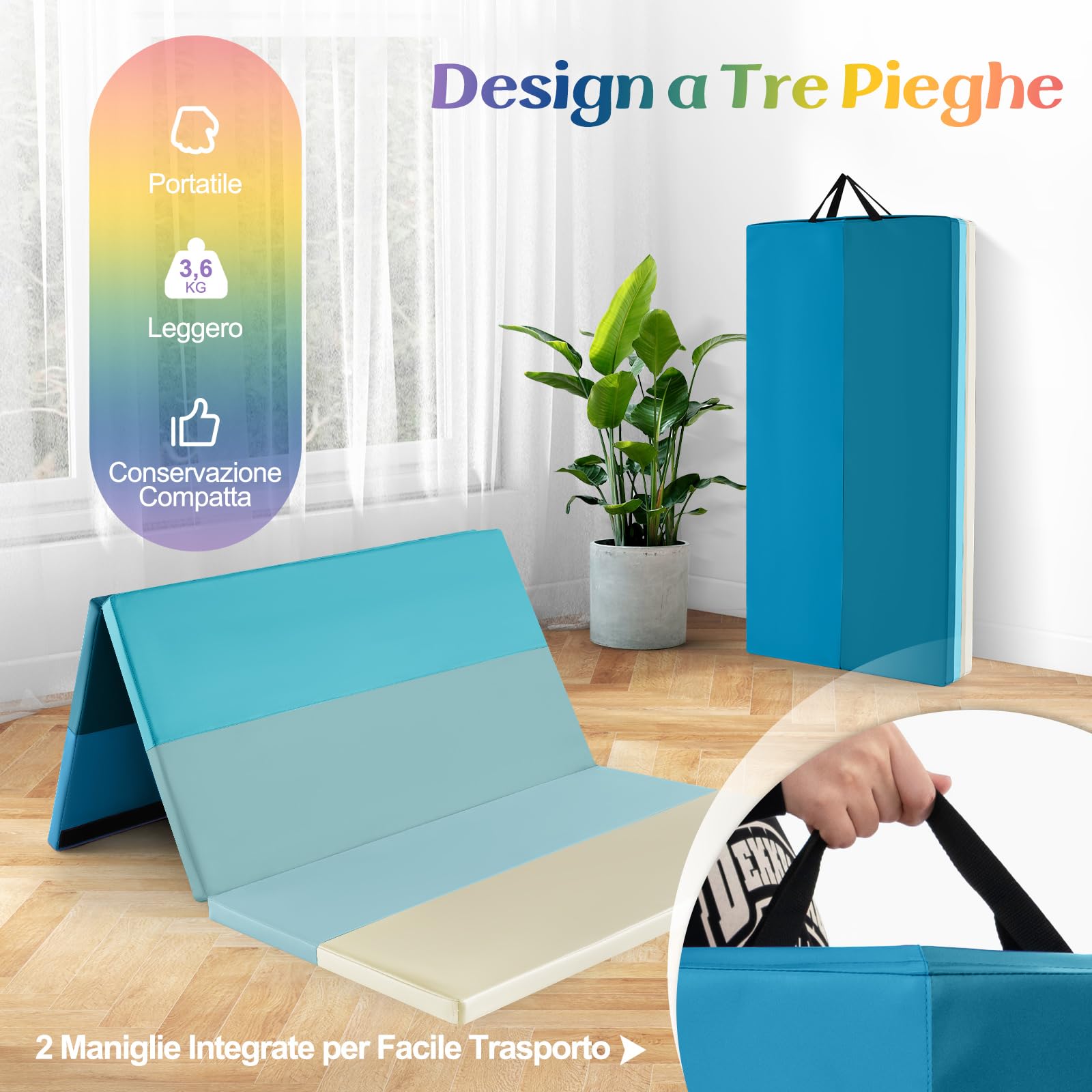 COSTWAY Tappetino da Ginnastica Pieghevole, Tappetino Portatile e Leggero con Maniglie, Tappetino per Yoga e Allenamenti per Stretching e Capriole da Casa e Palestra