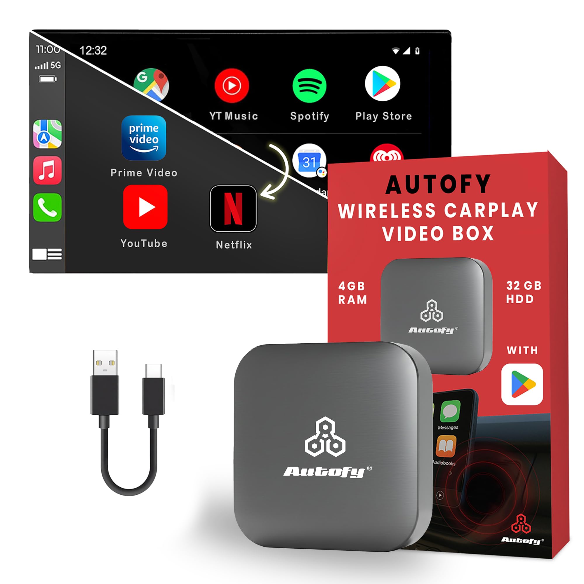 Autofy K713C 4GB RAM 32GB Storage with PlayStore *Download Unlimited Apps* Video Box Wireless Carplay Adapter Works Only with Cars Having Wired CarPlay Auto Reconnect Plug-Play Car Accessories