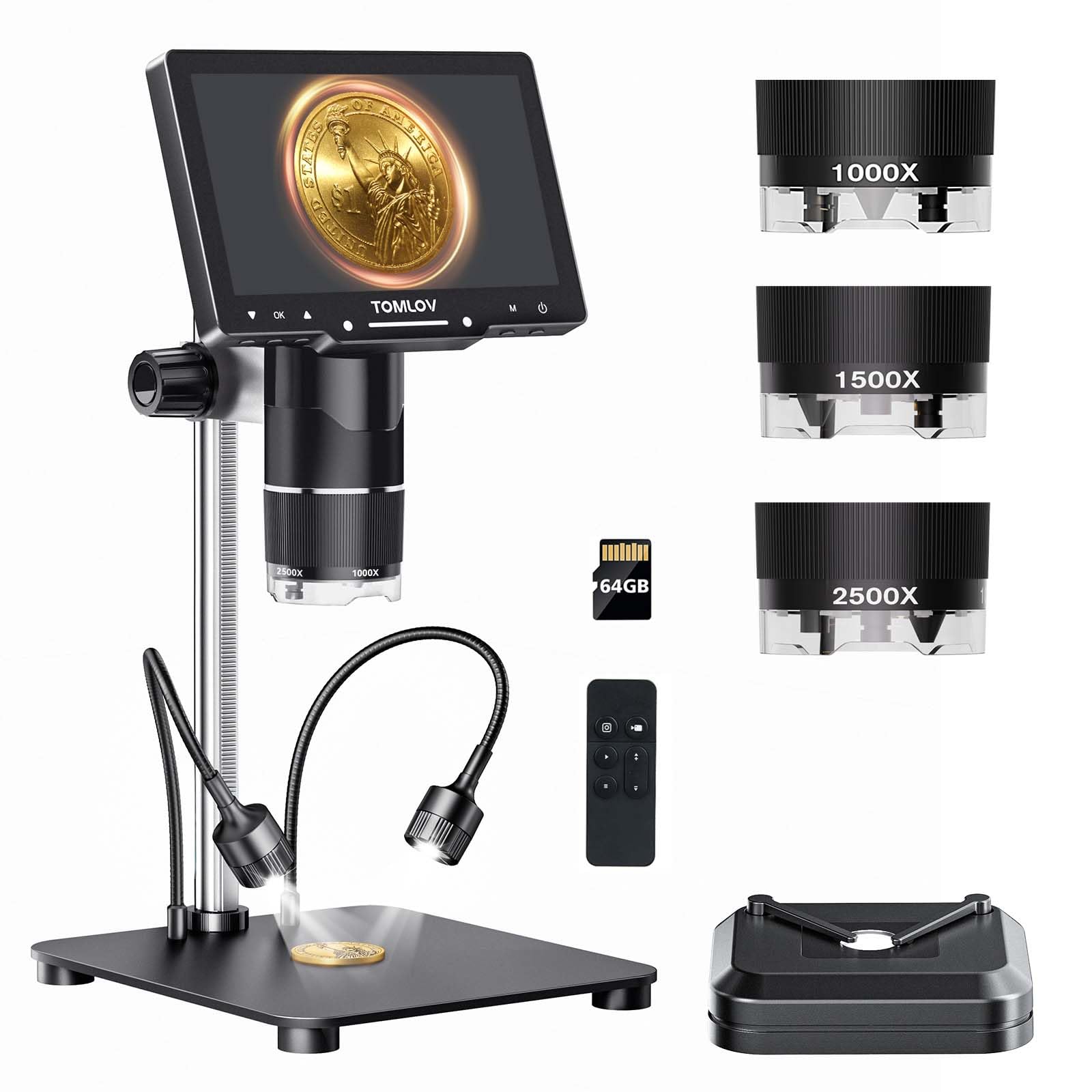 TOMLOV TriL107 Microscopio Digitale a 3 Lenti 7" 2K IPS, 2500X Ingrandimento per Monete e 14 LED, Microscopio di Saldatura con Supporto da 12,6" per Adulti, Compatibile con PC/TV, 64GB