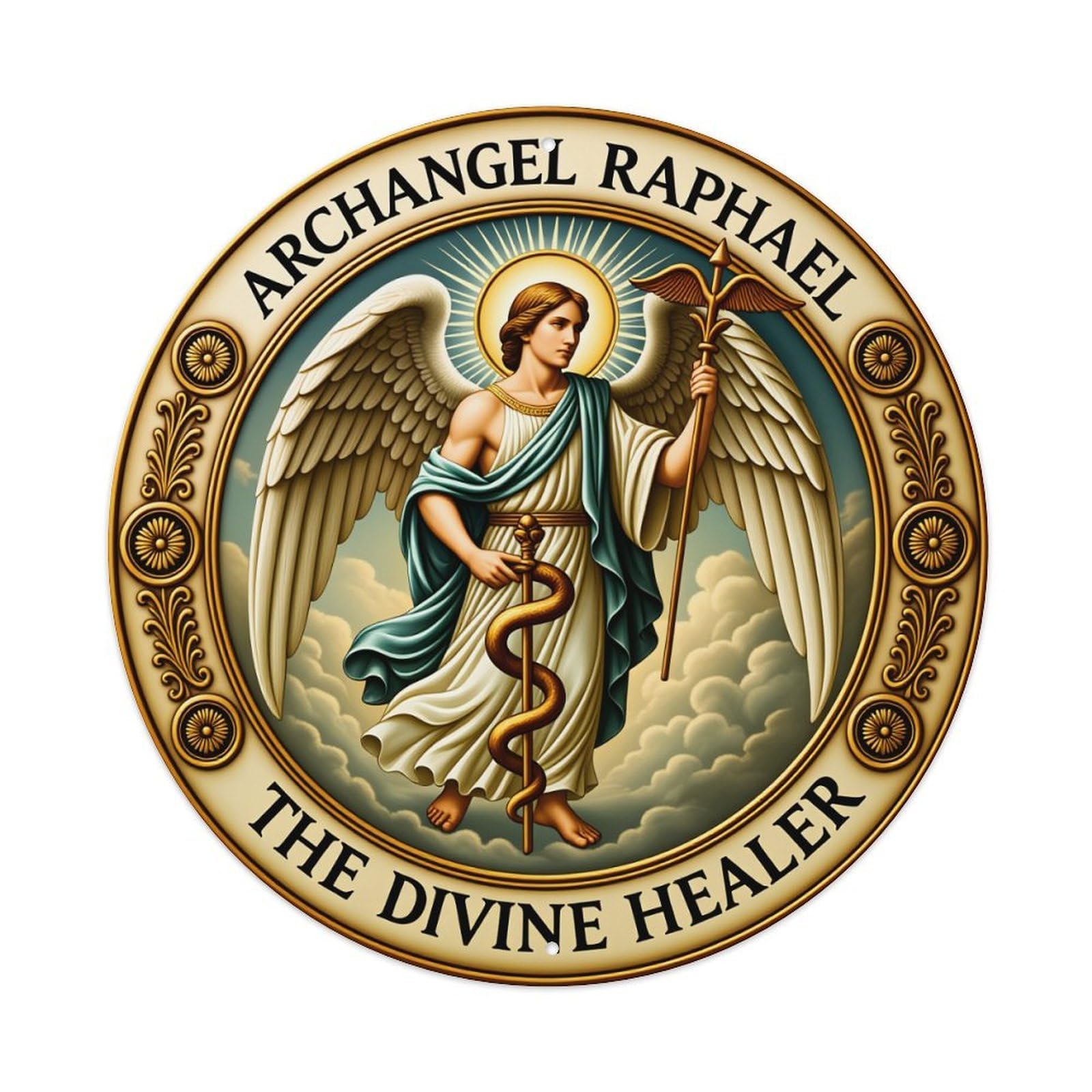 Archangel Raphael Divine Healer Winged Figure Round Tin Sign Vintage Style Metal Sign Home Bar Garden Wall Plaque Decor Metal Poster 8x8 Inch